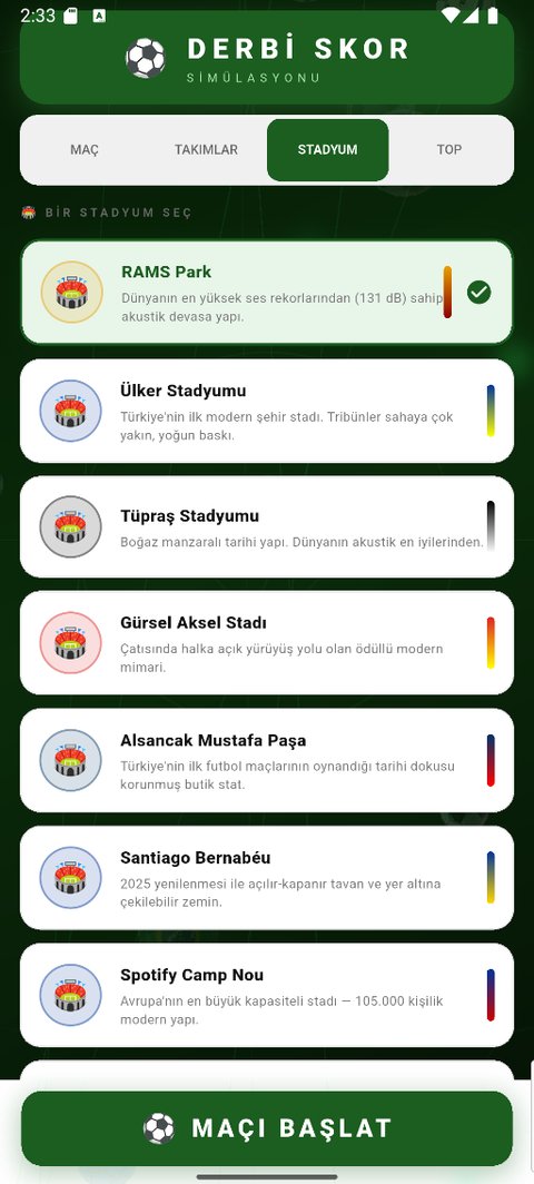 Maç başlangıcı, dairesel saha görünümü