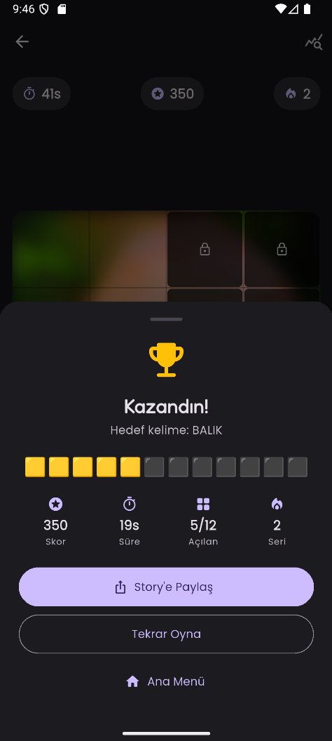 Kazandın ekranı, hedef kelime ve skor
