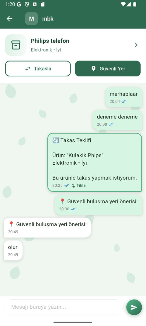 Takas teklifi ve sohbet ekranı