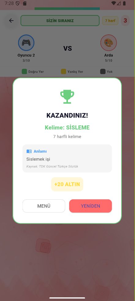 Rekabetçi mod zafer ekranı